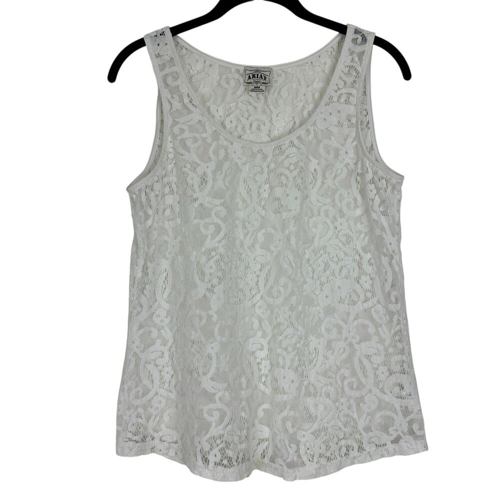 Ariat Tank Top Women Medium White Floral Lace Sheer Boho Western Festival